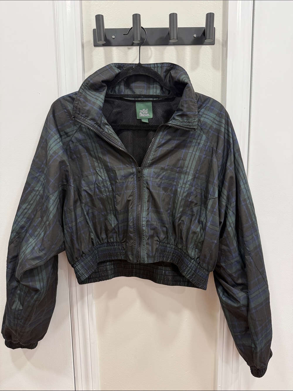 wild fable Black and Green Plaid Cropped Bomber Jacket